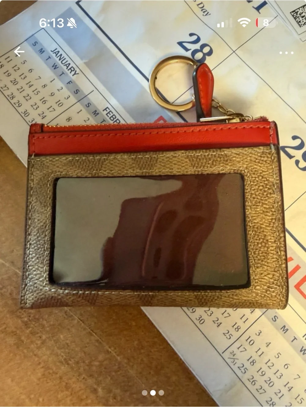 Coach Brown Signature Canvas Card Holder with Red Trim